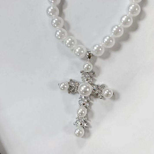 Vintage Style Pearl Cross Necklace-Baroque