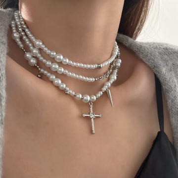 Cross Patchwork Pearl Necklace