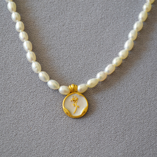 White enameled & freshwater pearl necklace-rose charm