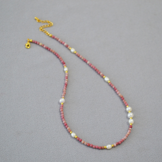 Pink rosy stone beaded freshwater pearl necklace