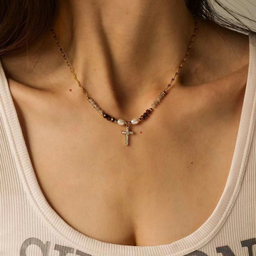 S925 Sterling Silver Freshwater Pearl Cross Titanium Necklace