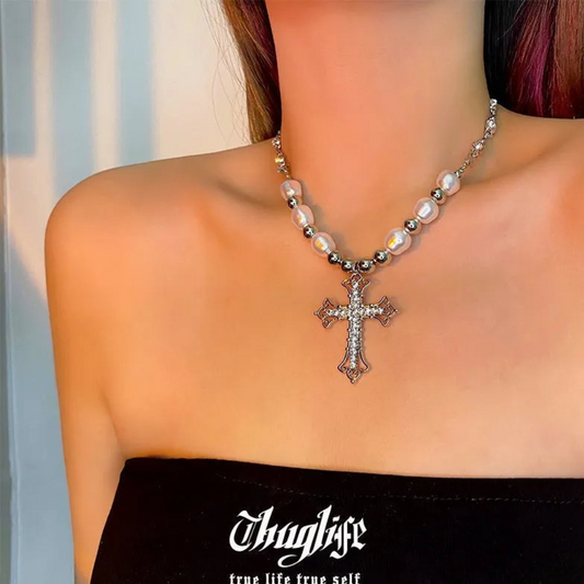 Reflective Pearls Cross Necklace