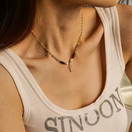 S925 Sterling Silver Freshwater Pearl Cross Titanium Necklace