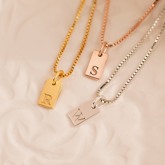 Custom Engraved Letter Pendant Necklace in Box Chain | Dainty Initial Tag Necklace